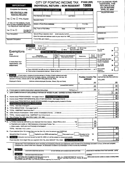 Form P1040(Nr) - Individual Return - Non Resident - City Of Pontiac - 1999 Printable pdf