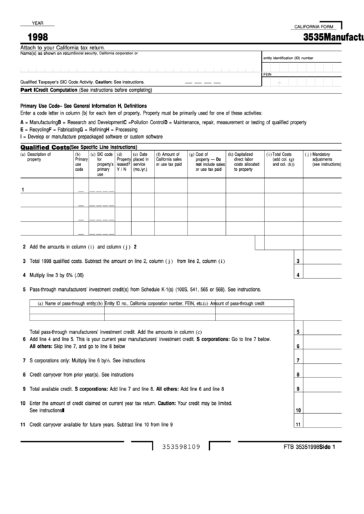 Fillable Form 3535 Manufacturers Investment Credit 1998 Printable