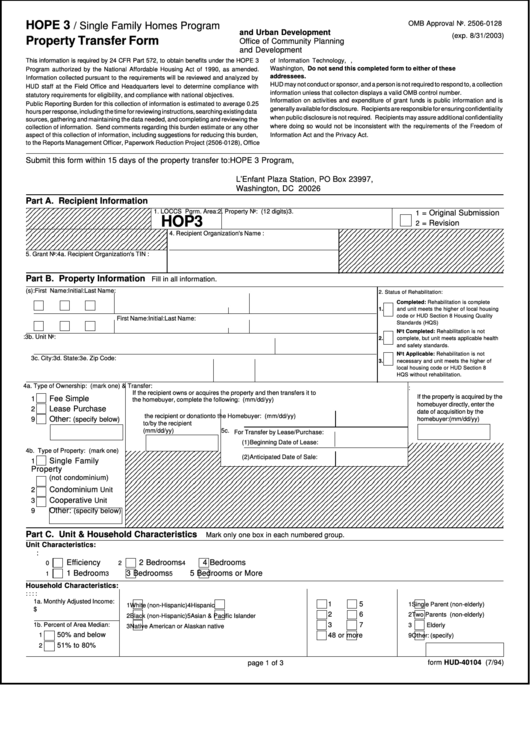 Form Hud-40104 - Property Transfer Form - Hope 3 / Single Family Homes Program Printable pdf