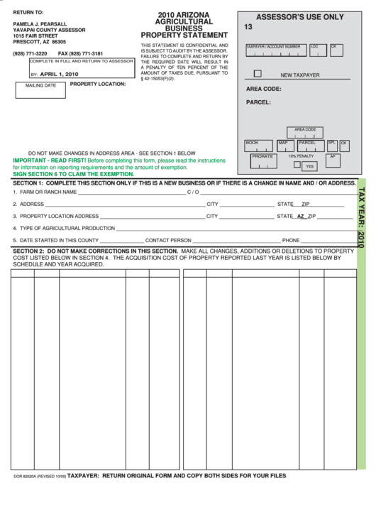 Fillable Form Dor 82520a - Arizona Agricultural Business Property Statement - 2010 Printable pdf