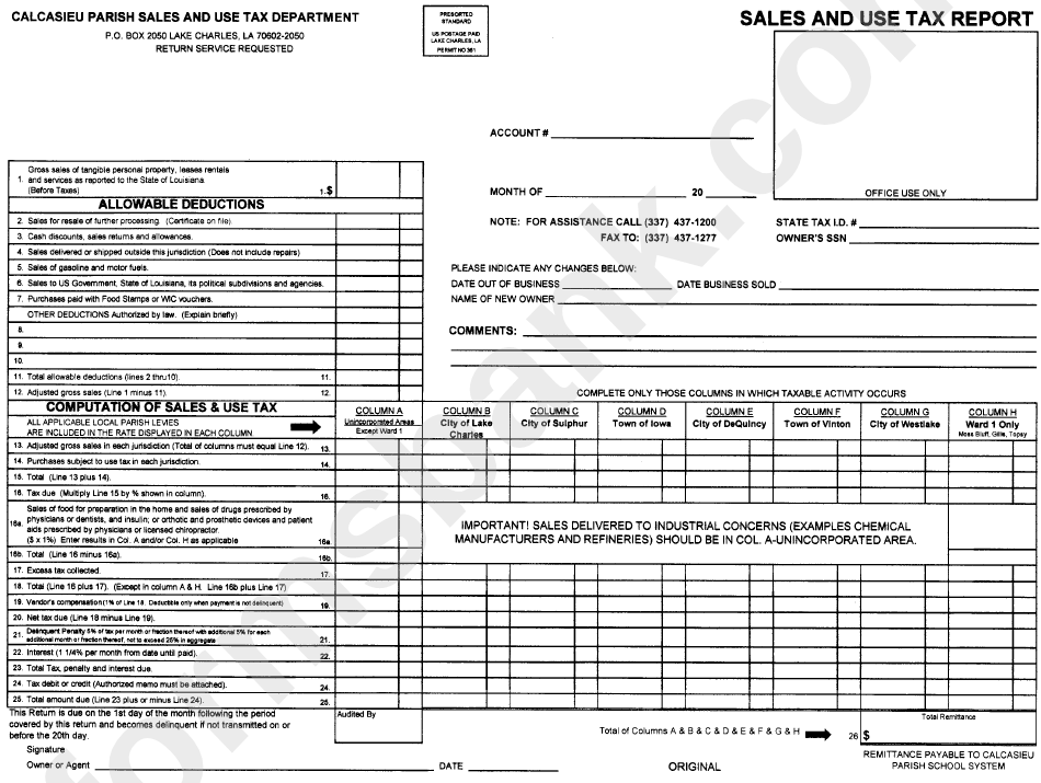 Sales And Use Tax Report - Calcasieu Parish Sales And Use Tax Department