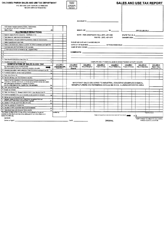 Sales And Use Tax Report - Calcasieu Parish Sales And Use Tax Department Printable pdf