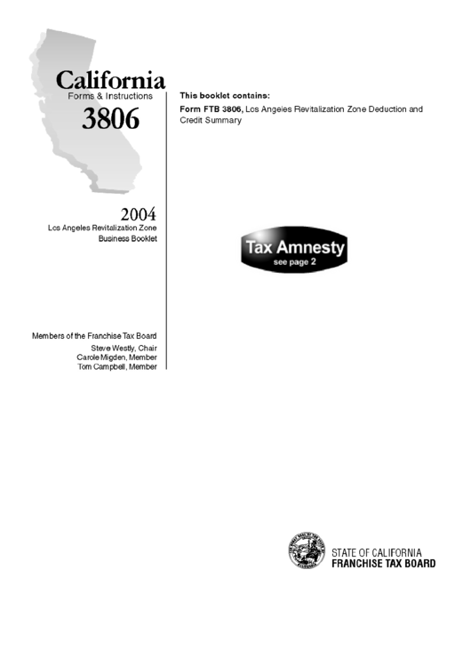 Instruction For Los Angeles Revitalization Zone Business - Form Ftb 3806 - 2004 Printable pdf