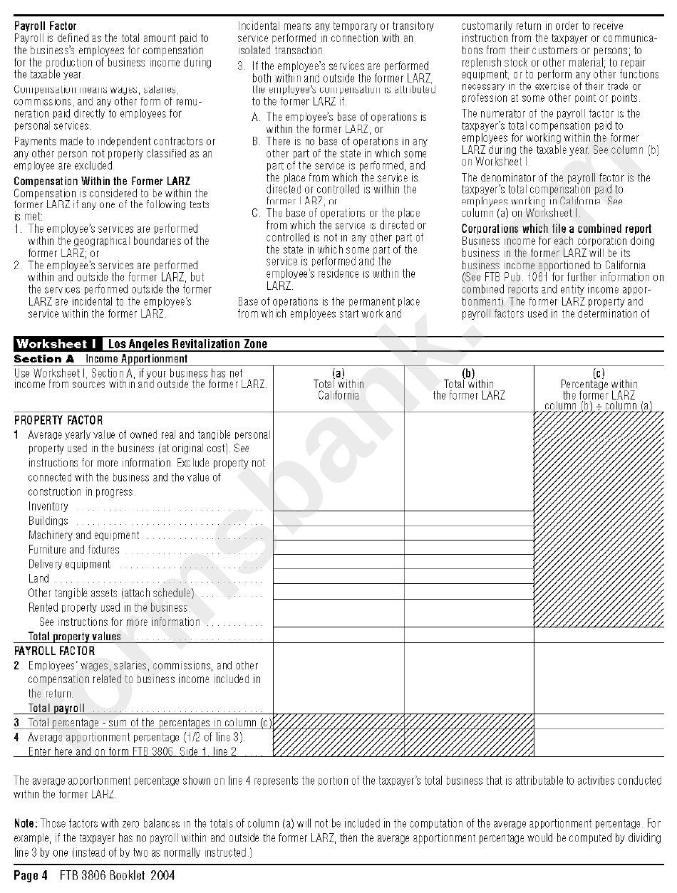 Instruction For Los Angeles Revitalization Zone Business - Form Ftb 3806 - 2004