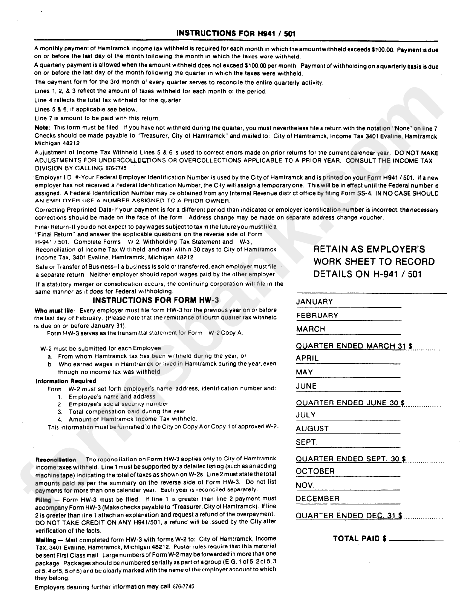 Instructions For H941 / 501