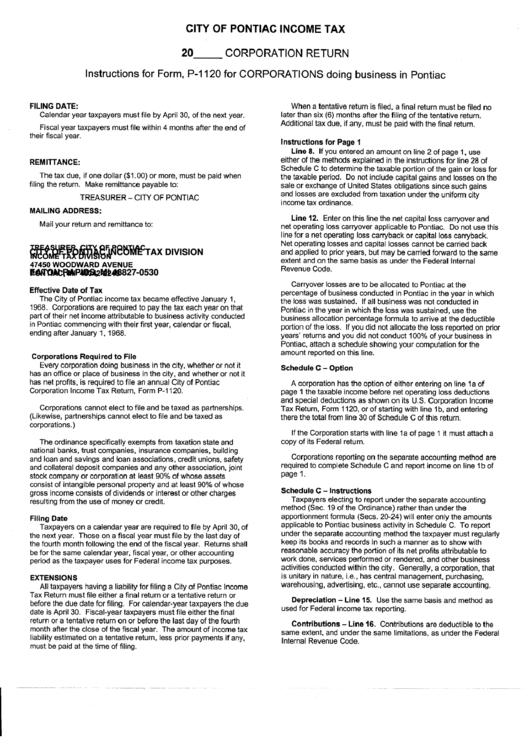 Instructions For Form P-1120 - City Of Pontiac Income Tax Printable pdf