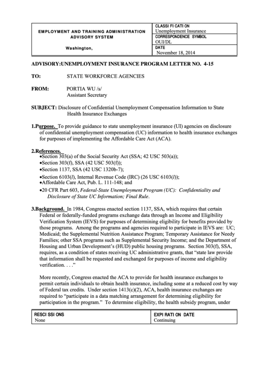 Unemployment Insurance Program Letter No.4-15- U.s. Department Of Labor - 2014 Printable pdf