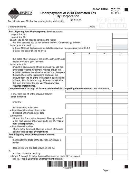 fillable-montana-form-clt-4-ut-underpayment-of-2013-estimated-tax-by-corporation-printable-pdf