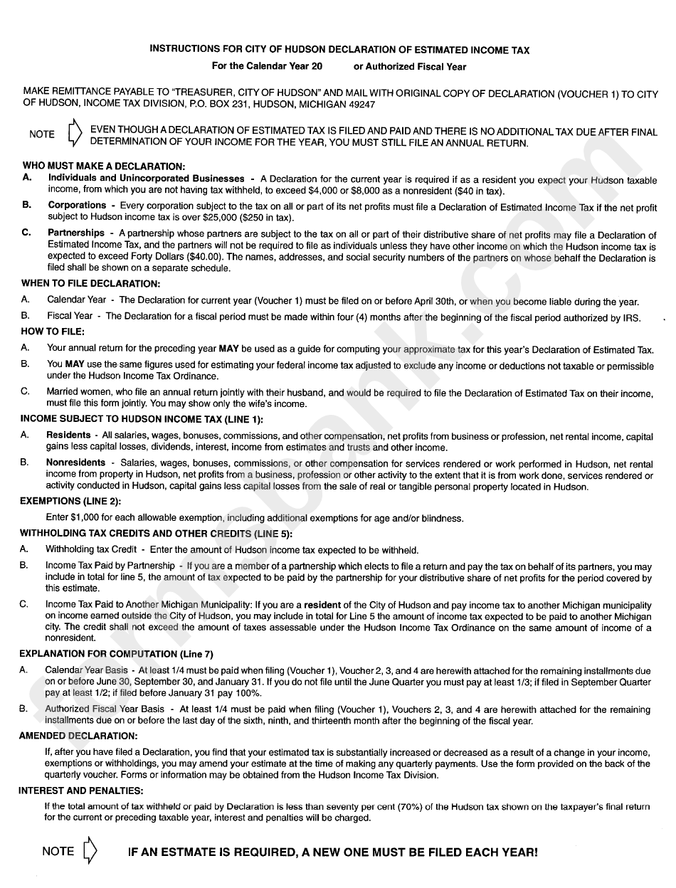 Instructions For City Of Hudson Declaration Of Estimated Income Tax - City Of Hudson Income Tax Division
