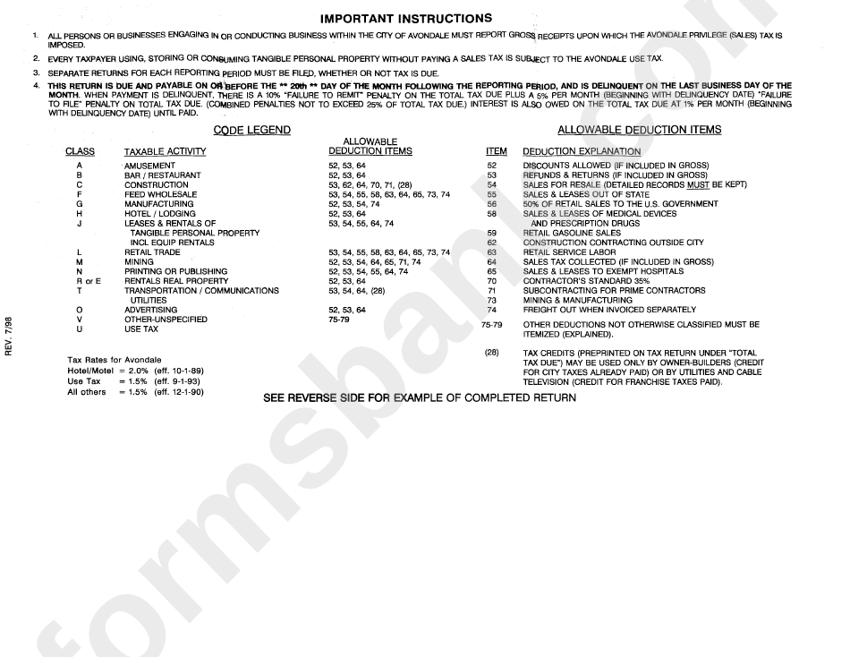 Transaction Privilege (Sales) / Use Tax Return - City Of Avondale