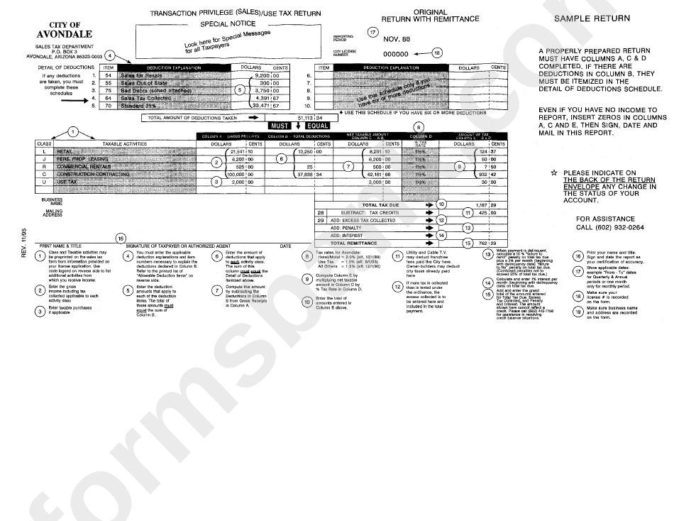 Transaction Privilege (Sales) / Use Tax Return - City Of Avondale