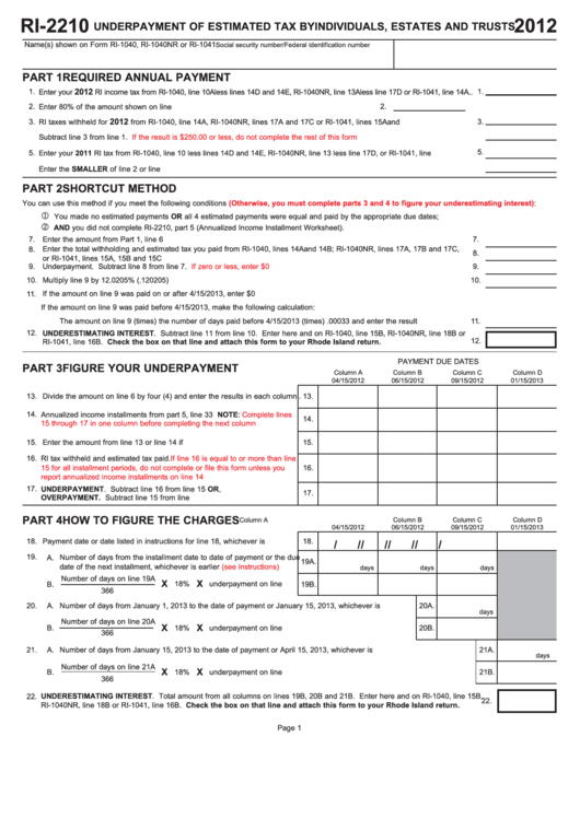 Form Ri-2210 - Underpayment Of Estimated Tax By Individuals, Estates And Trusts - 2012 Printable pdf