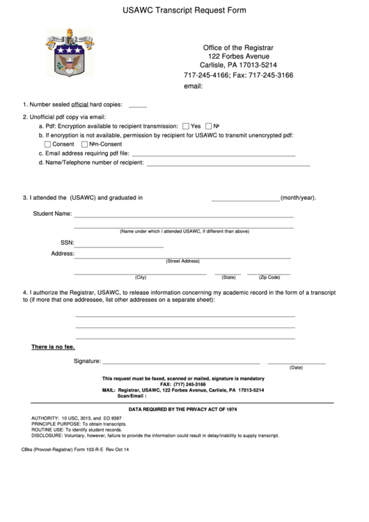Fillable Form 103-R-E - Usawc Transcript Request Form - Us Army War College Printable pdf
