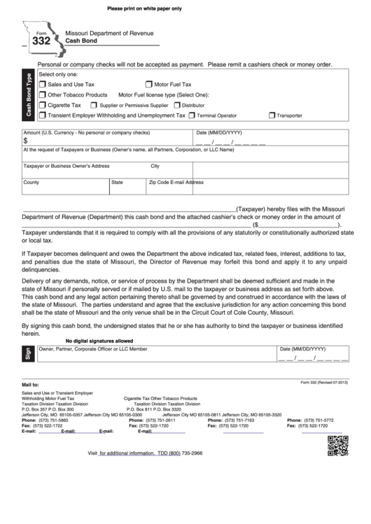 Fillable Form 332 - Cash Bond Printable pdf