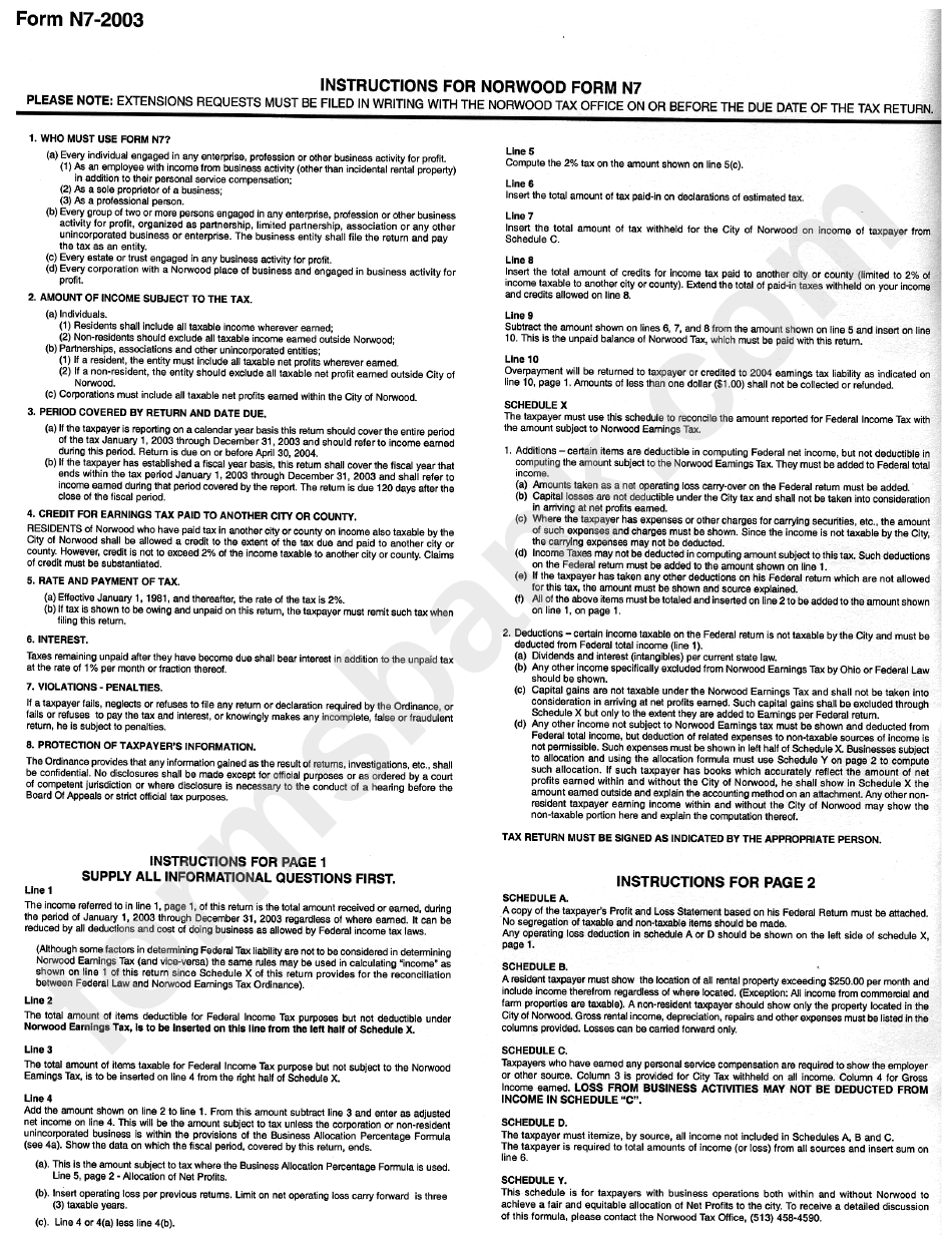 Instruction For Norwood Form N-7 - 2003