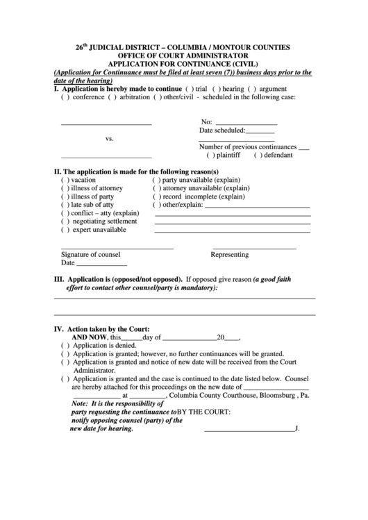 Application For Continuance (Civil) - Columbia Office Of Court Administrator Printable pdf