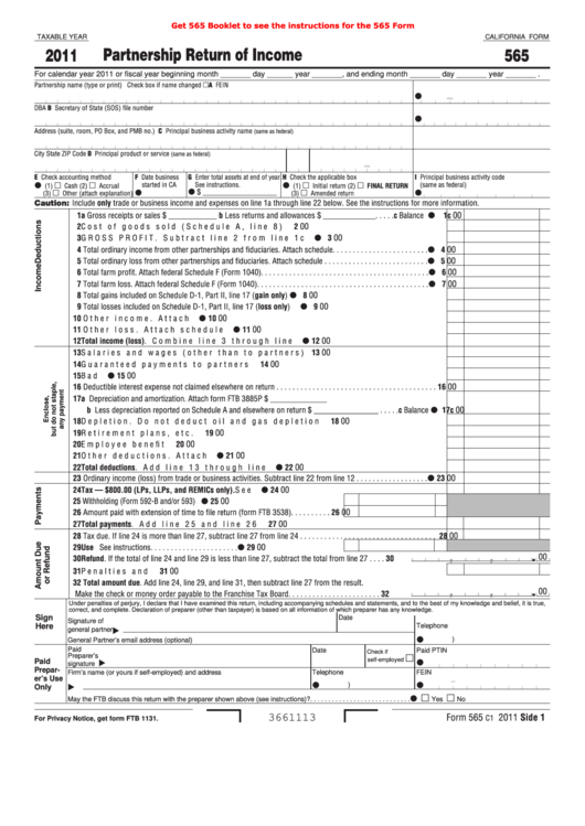 Fillable Form 565 - Partnership Return Of Income - 2011 Printable pdf