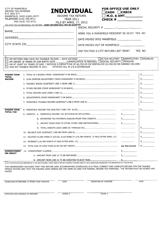 Individual Income Tax Return - 2011 - City Of Mansfield Printable pdf