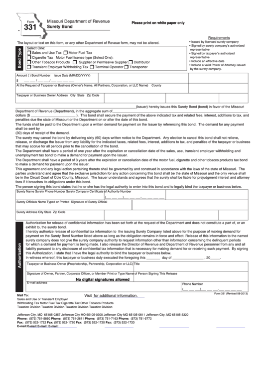 Fillable Form 331 - Surety Bond - Missouri Department Of Revenue Printable pdf