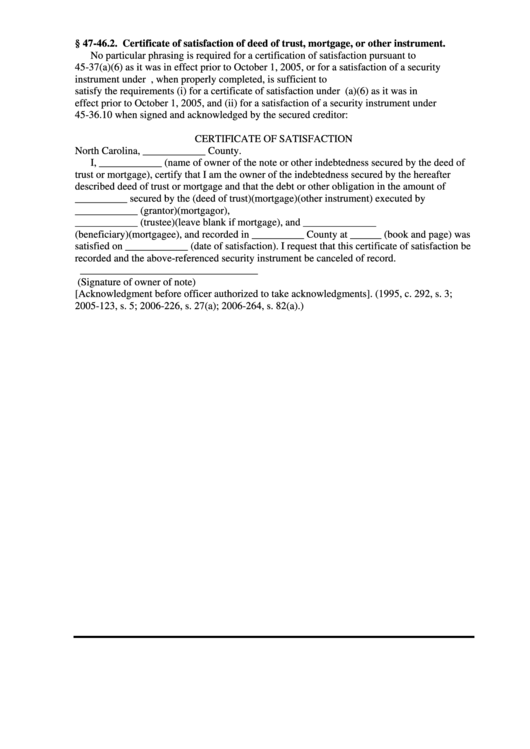 Certificate Of Satisfaction Of Deed Of Trust, Mortgage, Or Other Instrument - North Carolina Printable pdf