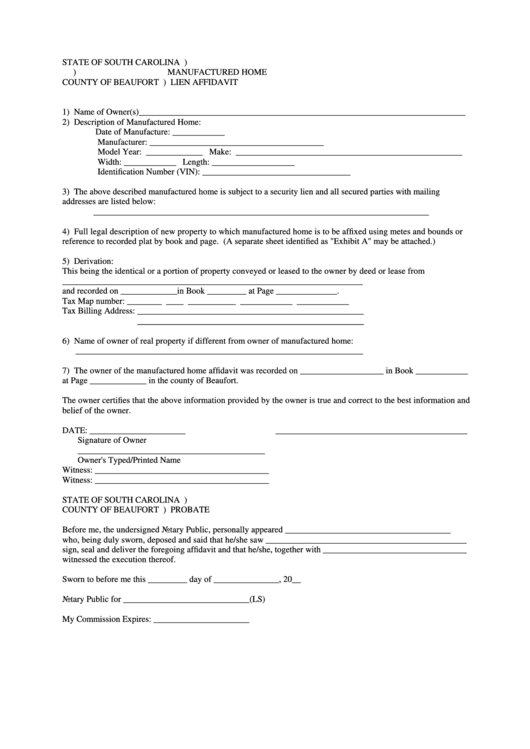 Manufactured Home Lien Affidavit - County Of Beaufort Printable pdf