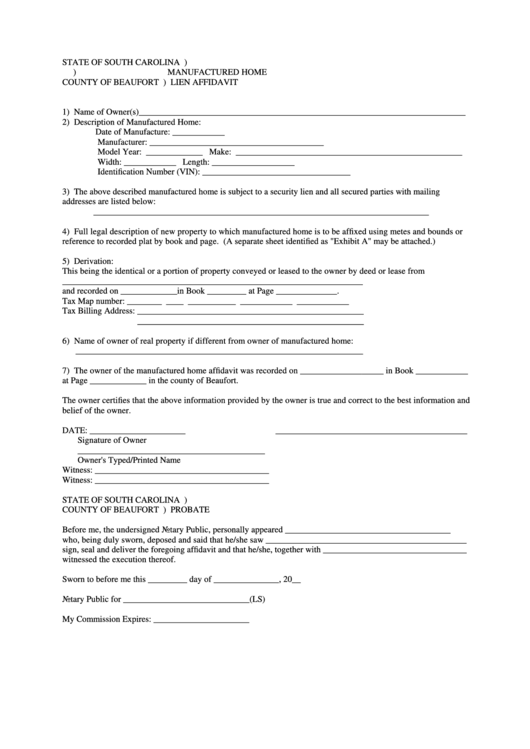 Manufactured Home Lien Affidavit County Of Beaufort Printable Pdf Download