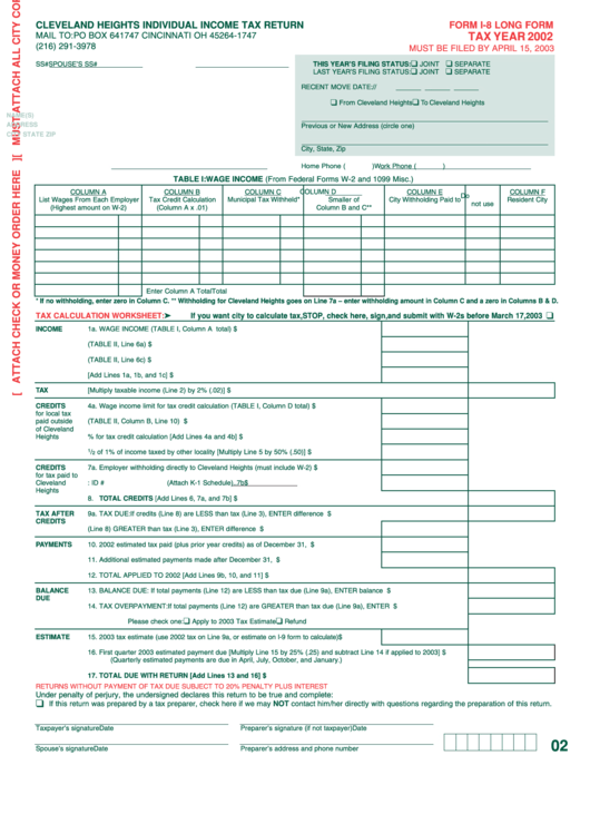 Form I-8 Long - Cleveland Heights Individual Income Tax Return - 2002 Printable pdf