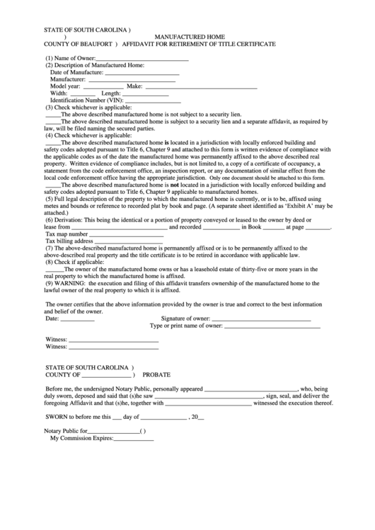 Manufactured Home Affidavit For Retirement Of Title Certificate - County Of Beaufort Printable pdf