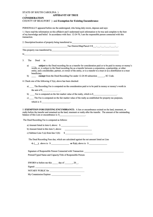Affidavit Of True Consideration And Exemption For Existing Encumbrance - County Of Beaufort Printable pdf