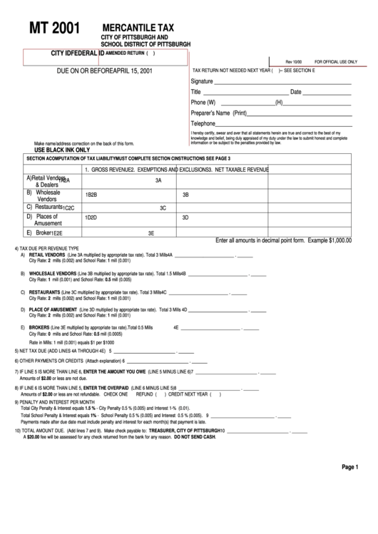 Form Mt - Mercantile Tax - City Of Pittsburgh - 2001 Printable pdf