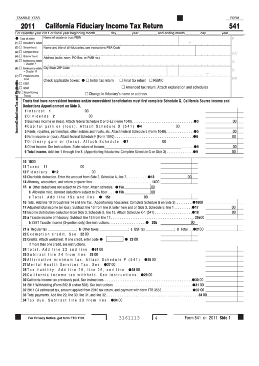 Form 541 - California Fiduciary Income Tax Return - 2011 Printable pdf
