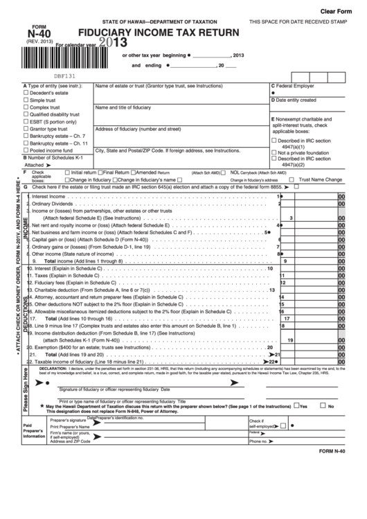 Fillable Form N-40 - Fiduciary Income Tax Return - 2013 Printable pdf