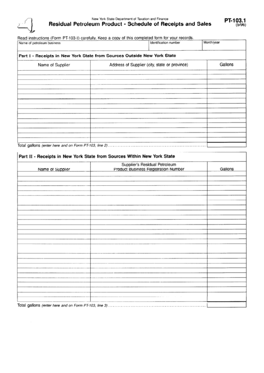 Form Pt-103.1 - Residual Petroleum Product - Schedule Of Receipts And Sales Printable pdf
