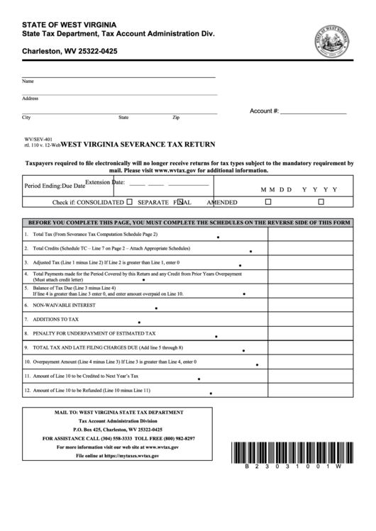 Form Wv/sev-401 - West Virginia Severance Tax Return Printable pdf