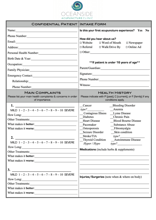 Confidential Patient Intake Form (Accupuncture) Printable pdf