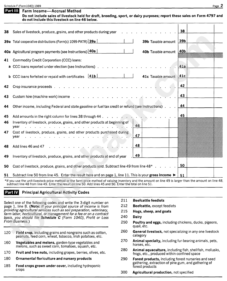 Shedule F (Form 1040) - Farm Income And Expenses - 1989