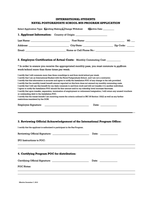 Fillable International Students Naval Postgraduate School Bus Program Application Form Printable pdf