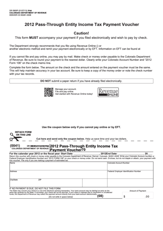 Form Dr 0900p - 2012 Pass-Through Entity Income Tax Payment Voucher Printable pdf