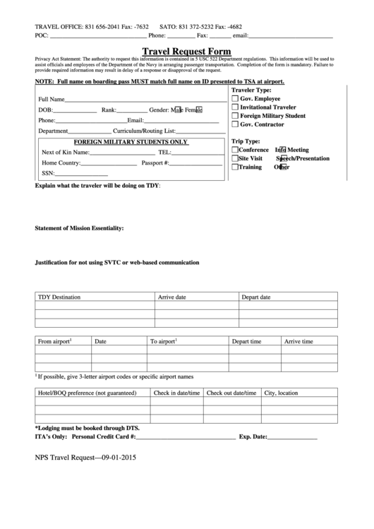 Fillable Travel Request Form Nps Printable Pdf Download