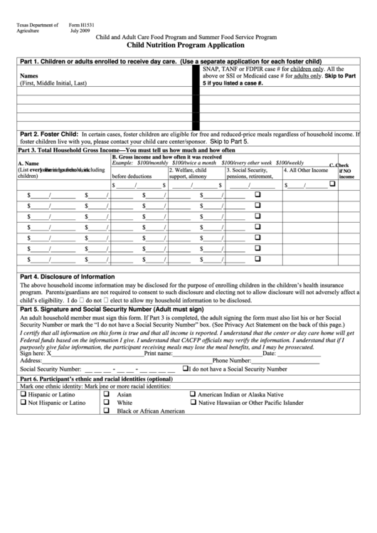 Form H1531 - Child Nutrition Program Application Printable pdf