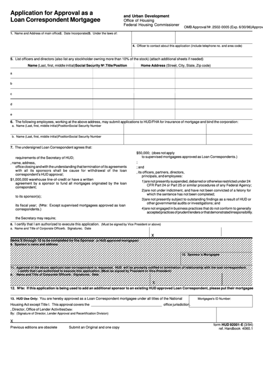 Form Hud 92001-E - Application For Approval As A Loan Correspondent Mortgagee Printable pdf