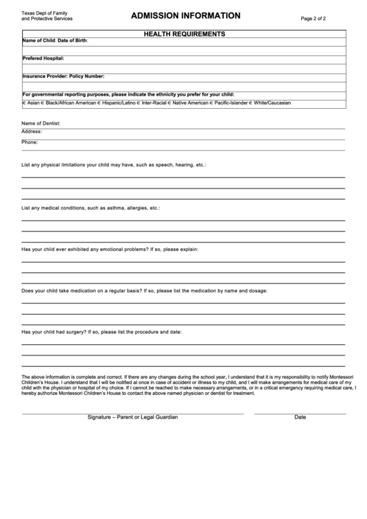Form 2935 - Admission Information Printable pdf