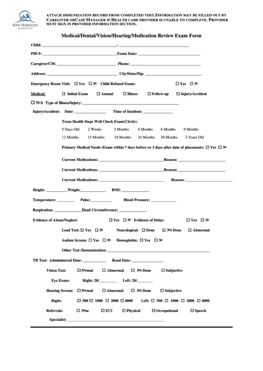 Medical/dental/vision/hearing/medication Review Exam Form Printable pdf