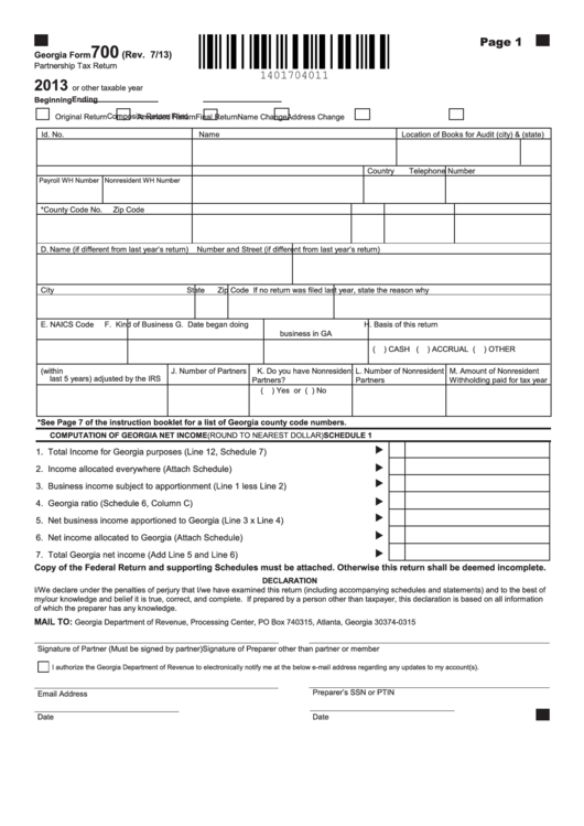 Fillable Georgia Form 700 - Partnership Tax Return - 2013 Printable pdf