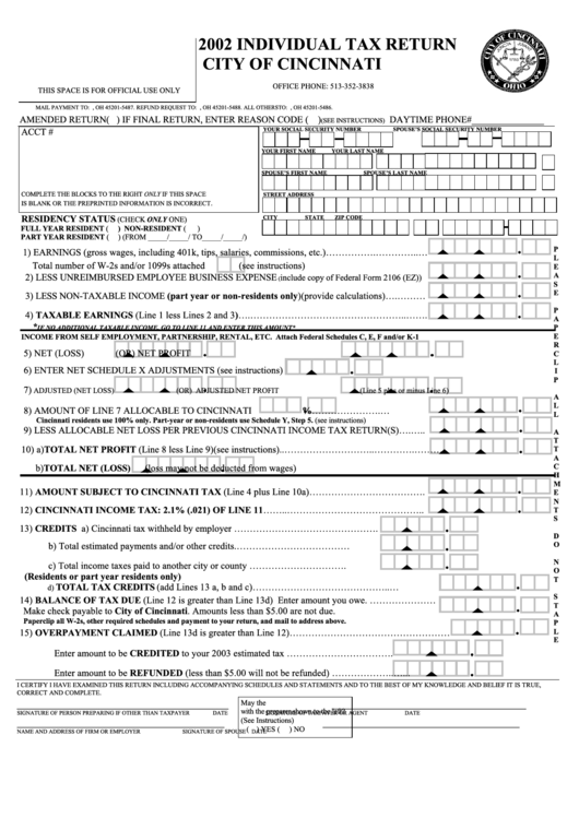 Individual Tax Return Form - City Of Cincinnati - 2012 Printable pdf