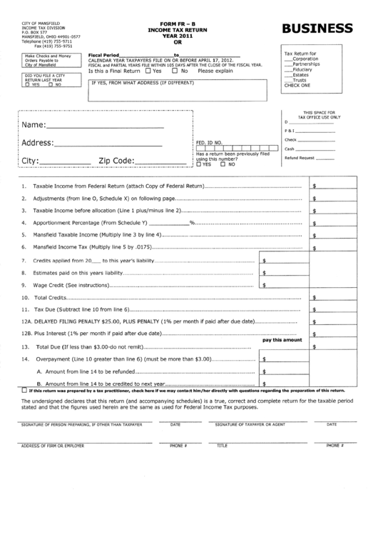Form Fr-B - Income Tax Return - 2011 Printable pdf