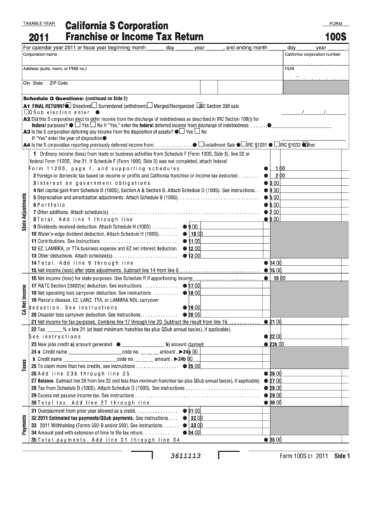 Form 100s - California S Corporation Franchise Or Income Tax Return - 2011 Printable pdf