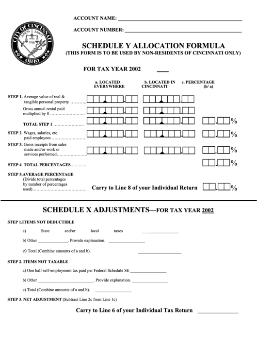 Schedule Y Allocation Formula - City Of Cincinnati - 2002 Printable pdf
