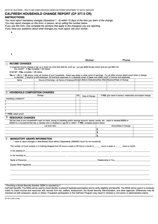Fillable Form Cf 377.5 Cr - Calfresh Household Change Report (Cf 377.5 Cr) - California Health And Human Services Agency Printable pdf