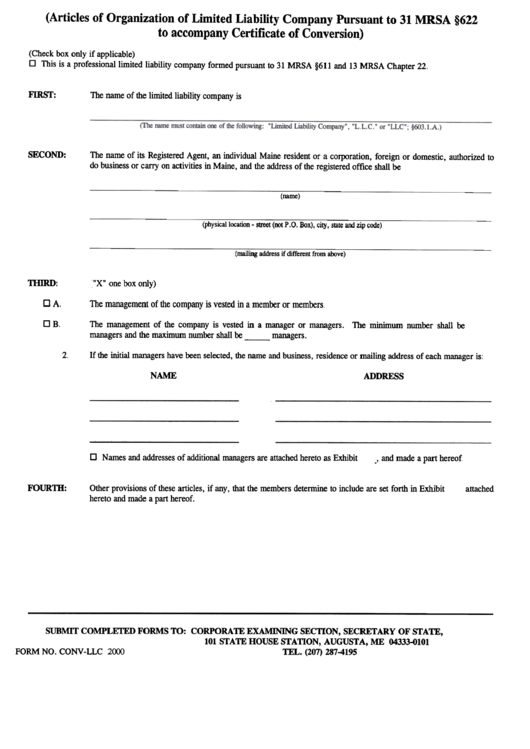 Form Conv-Llc - Articles Of Organization Of Limited Liability Company Pursuant To 31 Mrsa 622 To Accompany Certificate Of Conversion - 2000 Printable pdf